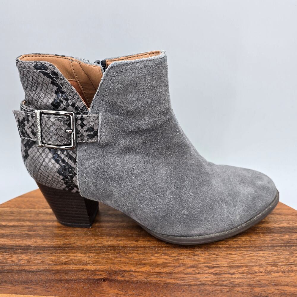 Vionic Naomi Boots Womens 6 Gray Suede Leather Snake Print Heeled Booties Zip Up